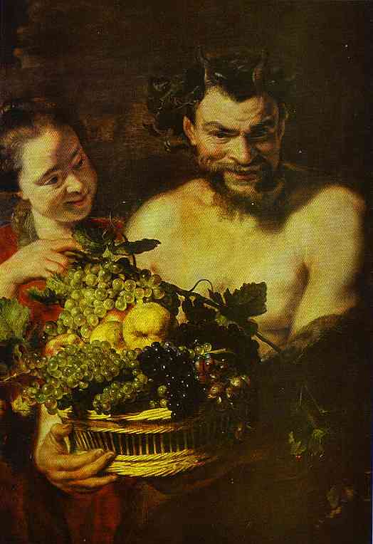 Oil painting:Satyr and Girl with a Basket of Fruit.