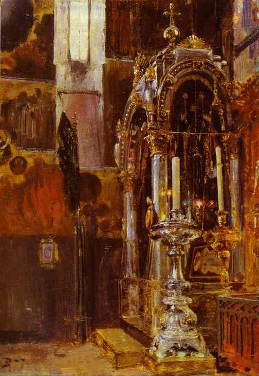 Oil painting:The Shrine of the Metropolitan Iona in the Uspensky Cathedral. 1877