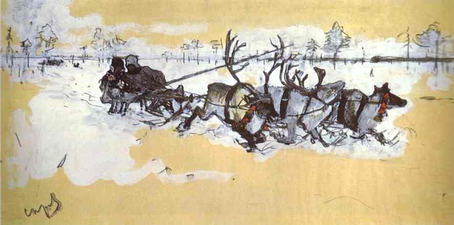 Oil painting:Tundra. Travelling by Deer. 1896