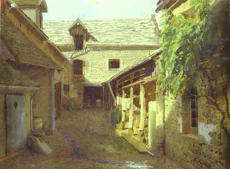 Oil painting:Village Yard in France. 1876