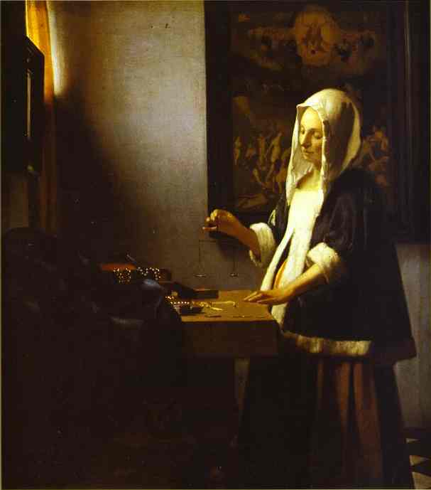 Oil painting:Woman Weighing Pearls. c.1662
