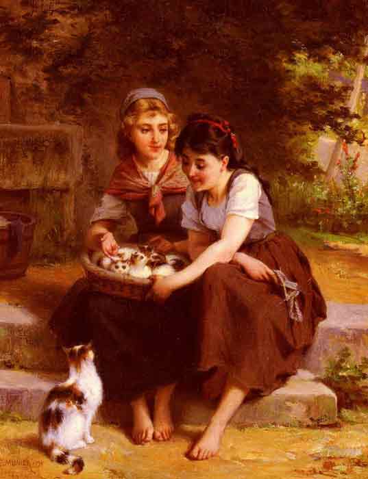 Oil painting for sale:Deux Filles Avec Un Panier De Chatons [Two Girls With A Basket Of Kittens]