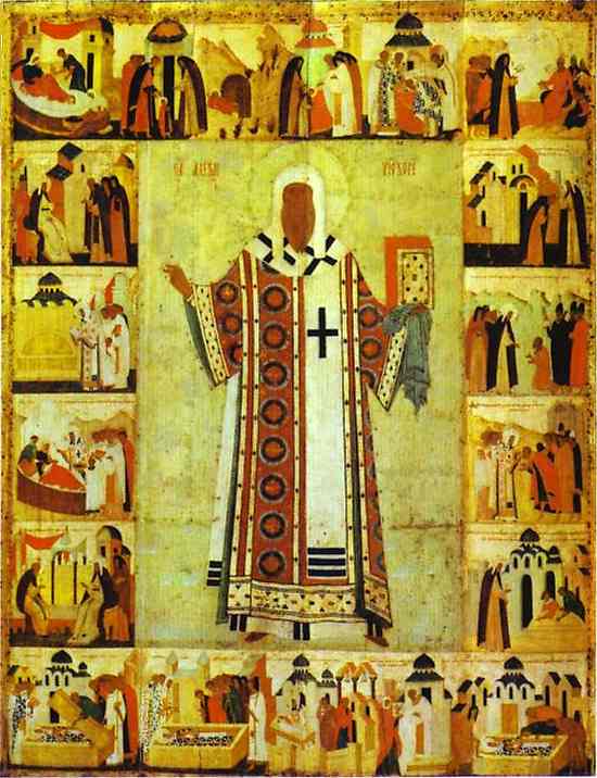 Oil painting:St. Alexius, Metropolitan of Moscow, with Scenes from His Life. Late 15th century.