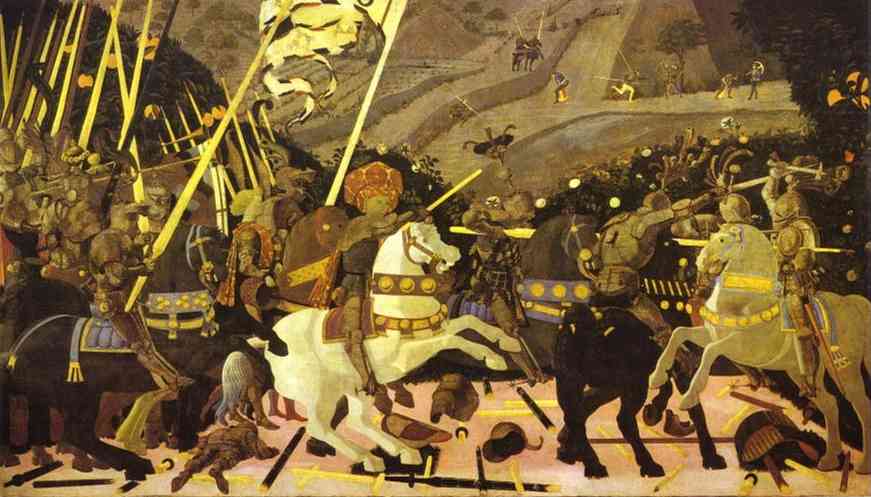 Oil painting:Battle of San Romano. Left panel. c. 1454