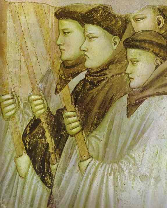Oil painting:Death of St. Francis and Inspection of Stigmata. St. Francis Burial. Detail. c.1320