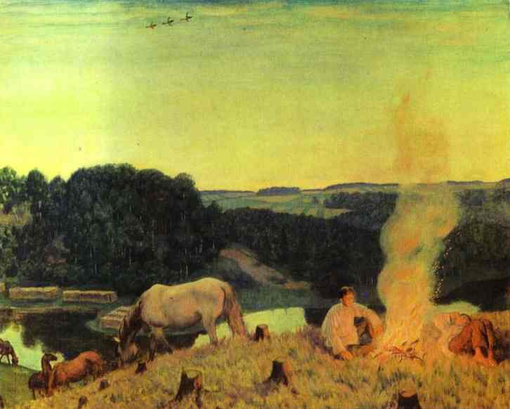 Oil painting: Nochnoe. Bonfire. 1916