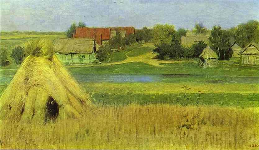 Oil painting:Sheaves and a Village Beyond the River. 1880