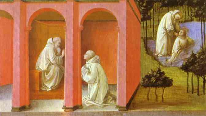 Oil painting:St. Benedict Orders St. Maurus to the Rescue of St. Placidus. c.1445