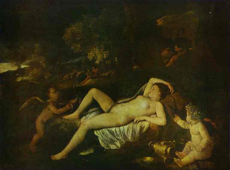 Oil painting:The Sleeping Venus and Cupid. c. 1630