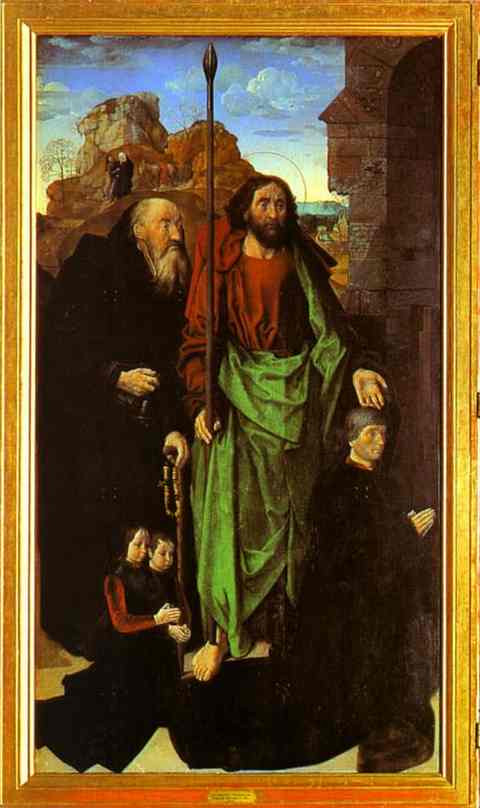 Oil painting:Tommaso Portinari with his sons and SS. Thomas and Anthony Abbot. The left panel of the