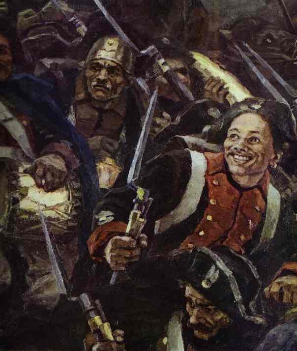 Oil painting:Russian Troops under Suvorov Crossing the Alps. Detail. 1899