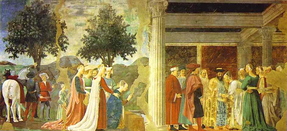 Oil painting:Legend of the True Cross: Adoration of the Wood and the Queen of Sheba Meeting with