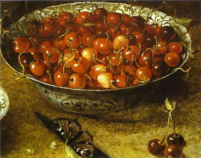Oil painting:Still Life with Cherries and Strawberries in Porcelain Bowls. Detail. 1608
