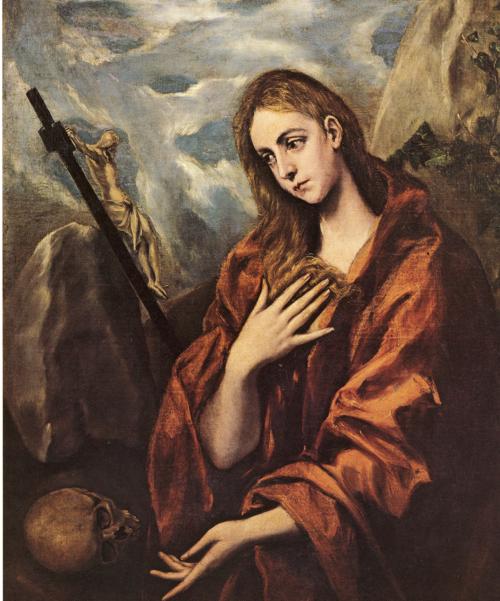 Oil painting:Mary Magdalen in Penitence with the Crucifix. c. 1585-1590