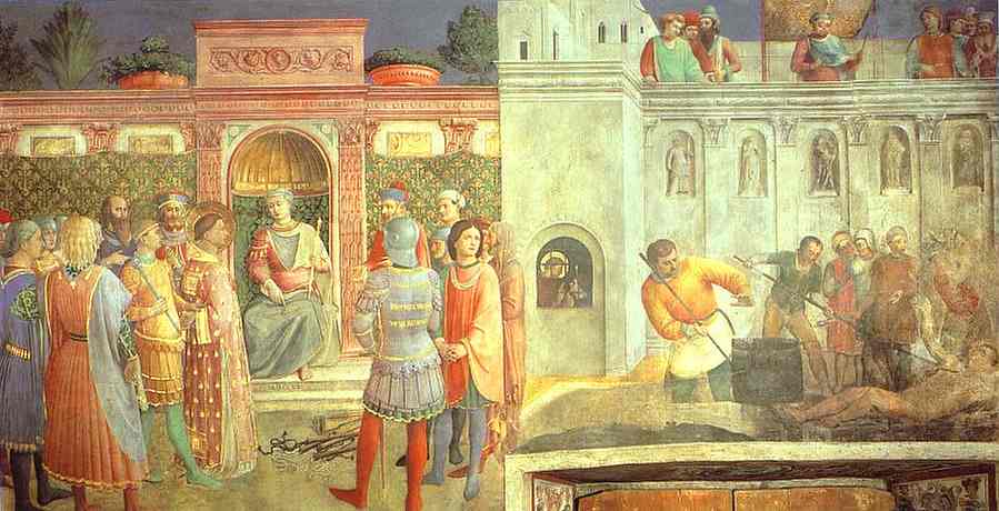 Oil painting:St. Lawrence Receiving the Treasures of the Church from St. Sixtus. 1447-1449