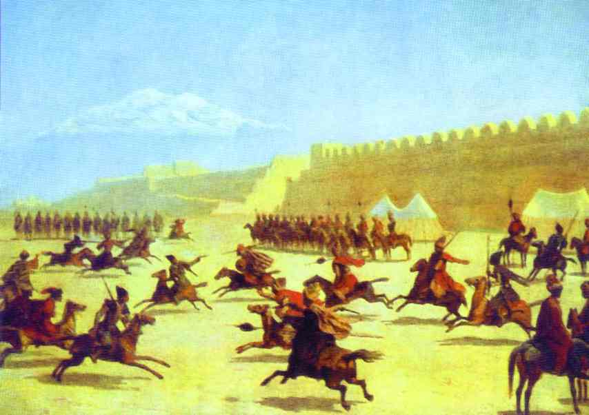 Oil painting:Trick Ridings of Curds and Tatars in front of the Fortress Sardar-Abbat in Armenia.