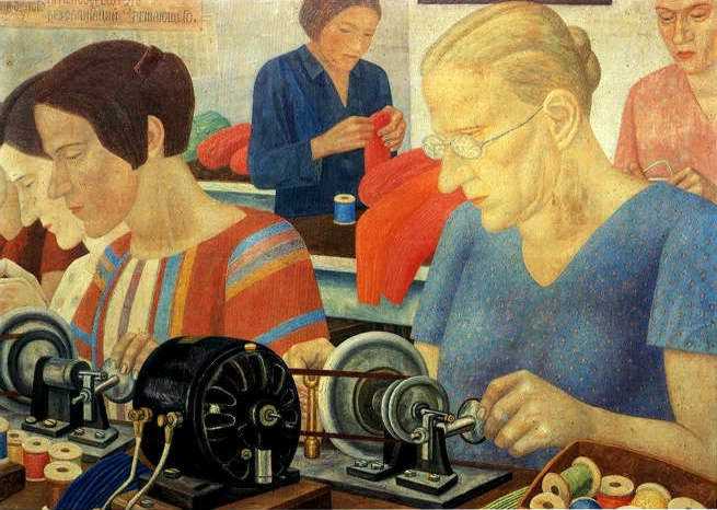 Oil painting:Udarnitzi (Record-Breaking Workers) at the Factory Krasnaya Zaria. 1931