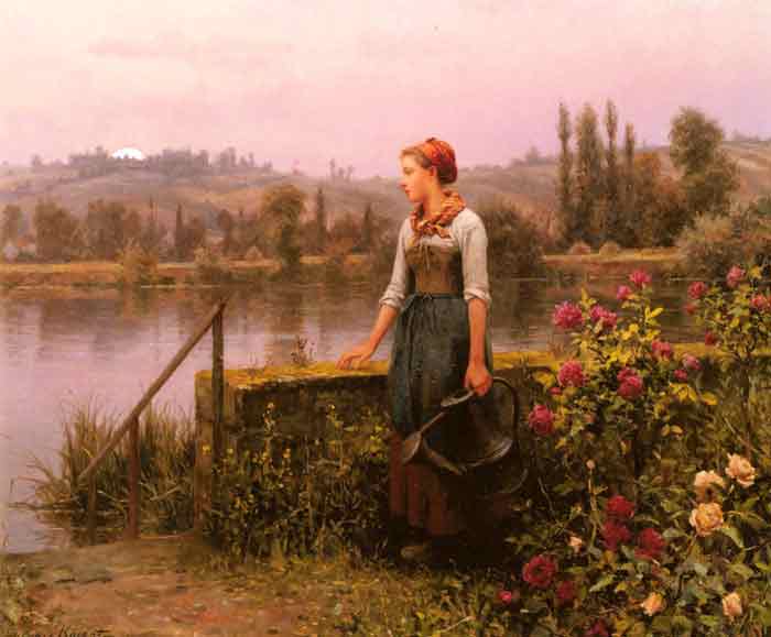 Oil painting for sale:A Woman with a Watering Can by the River
