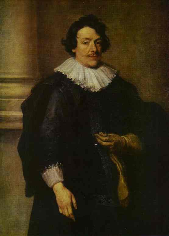 Oil painting:Portrait of a Gentleman Dressed in Black, in Front of a Pillar. c.1630
