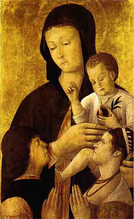 Oil painting:Madonna and Child with Donors. c. 1460