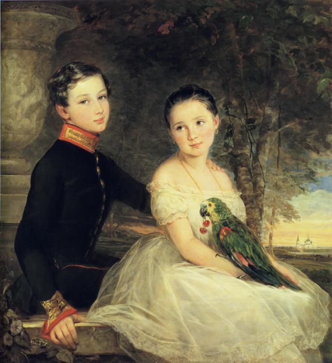 Oil painting:Children with a Parrot. 1850