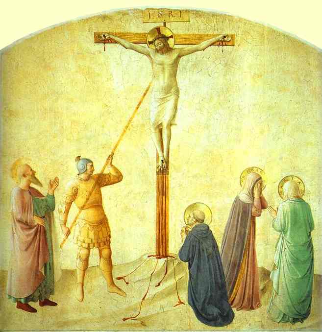 Oil painting:Christ Being Nailed to the Cross. c.1450