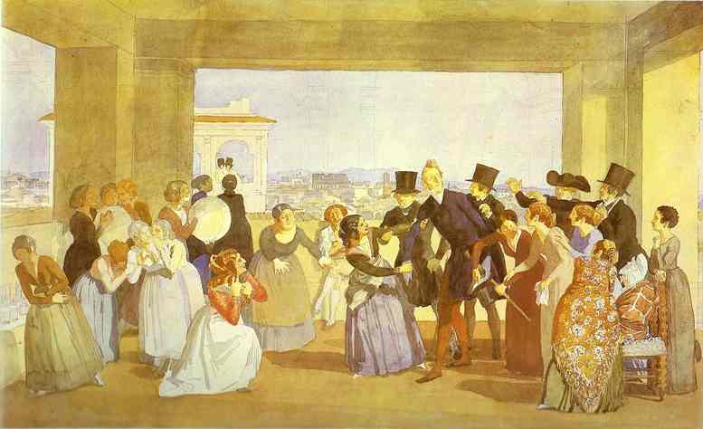 Oil painting:Festival in Rome in October. Scene in the Loggia. (Asking to Dance). 1842