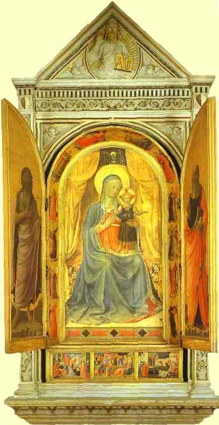 Oil painting:Linaiuoli Tabernacle: Virgin and Child Making the Blessing. Wings open. 1433