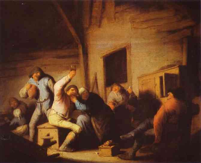 Oil painting:Peasants in a Tavern. c. 1635