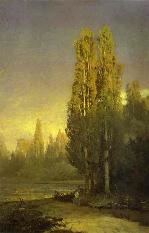 Oil painting:Poplars Lit by the Sun.