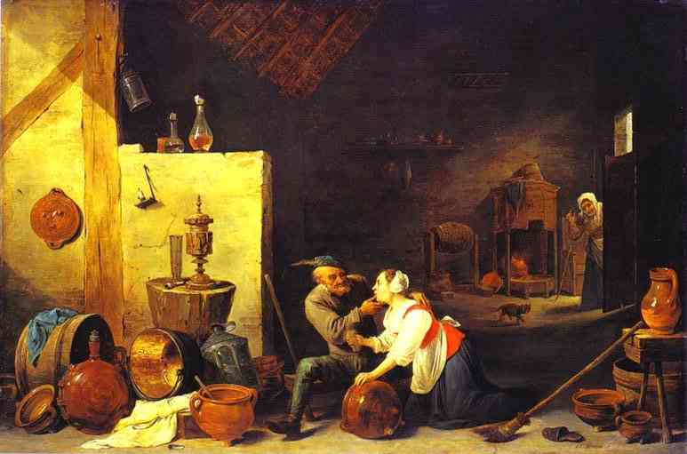 Oil painting:An Old Peasant Caresses a Kitchen Maid in a Stable. c. 1650