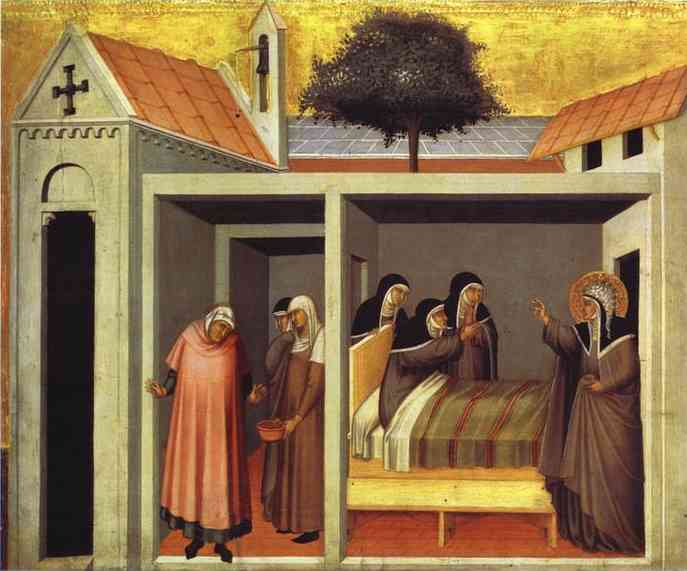 Oil painting:Blessed Humilitas Heals a Sick Nun. A panel from Beata Humilitas Altar. c. 1341