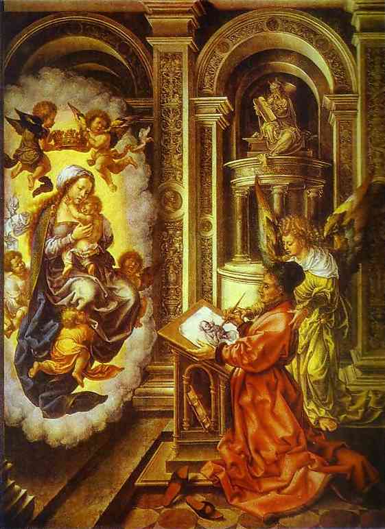 Oil painting:St. Lucas Painting Madonna. c. 1520