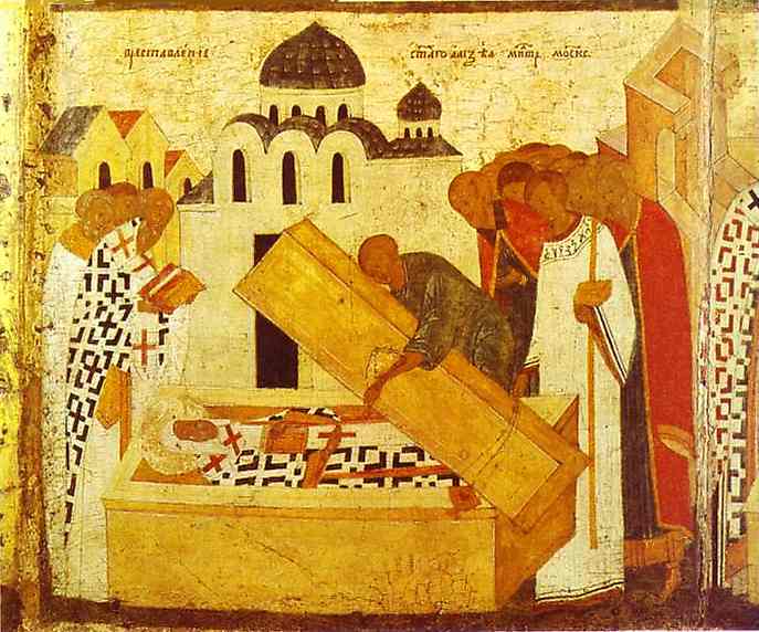 Oil painting:The Discovery of the Remains. Border scene of St. Alexius, Metropolitan of Moscow, with