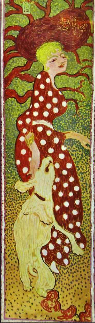 Oil painting:Woman in a Polka-Dot Dress. Four-panel Panneaux. Oil on canvas. 1892