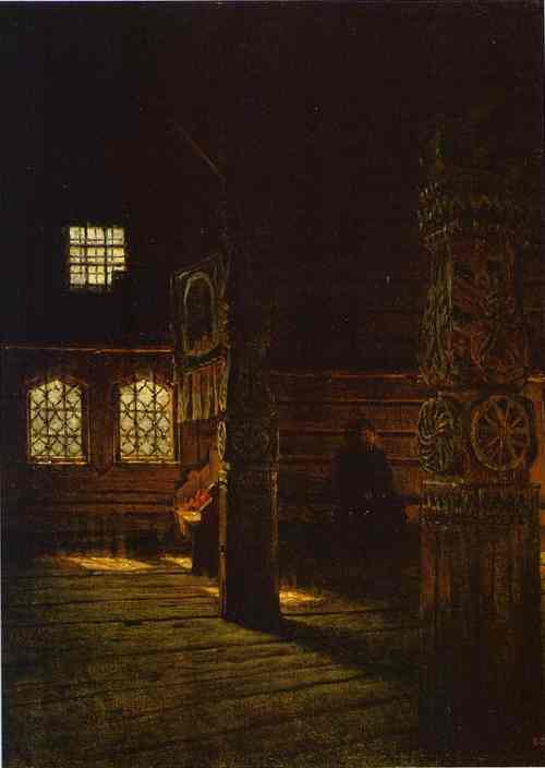 Oil painting:Interior of the Wooden Church of St. Peter and St. Paul in Puchug. Study. 1894