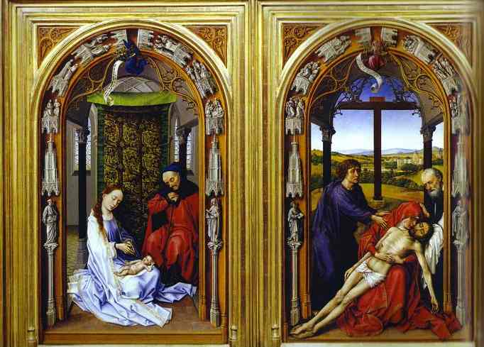 Oil painting:Miraflores Altarpiece. Left and cental parts. c.1440