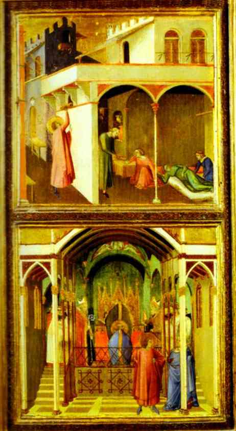 Oil painting:St. Nicholas Offers Three Girls Their Dowry and St. Nicholas is Elected Bishop of Mira.