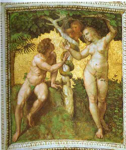 Oil painting:Adam and Eve (ceiling panel). 1509