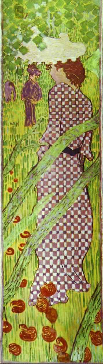 Oil painting:Woman in a Checked Dress. Four-panel Panneaux. Oil on canvas. 1892