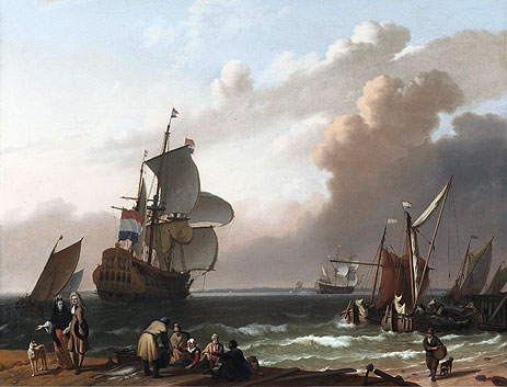 Coastal Scene with Man-of-War and Other Vessels