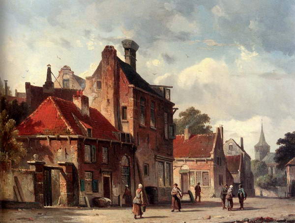 View of Town with Figures in a Sunlit Street