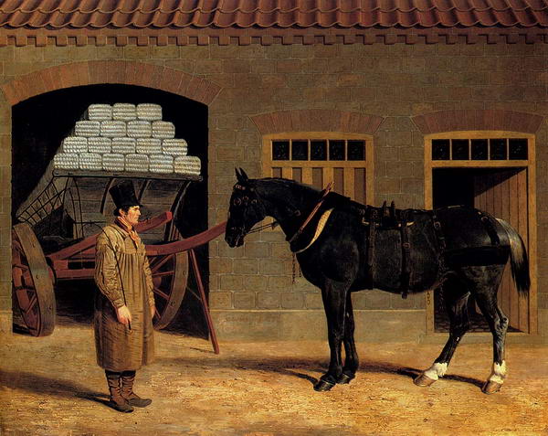 A Cart Horse and Driver Outside a Stable