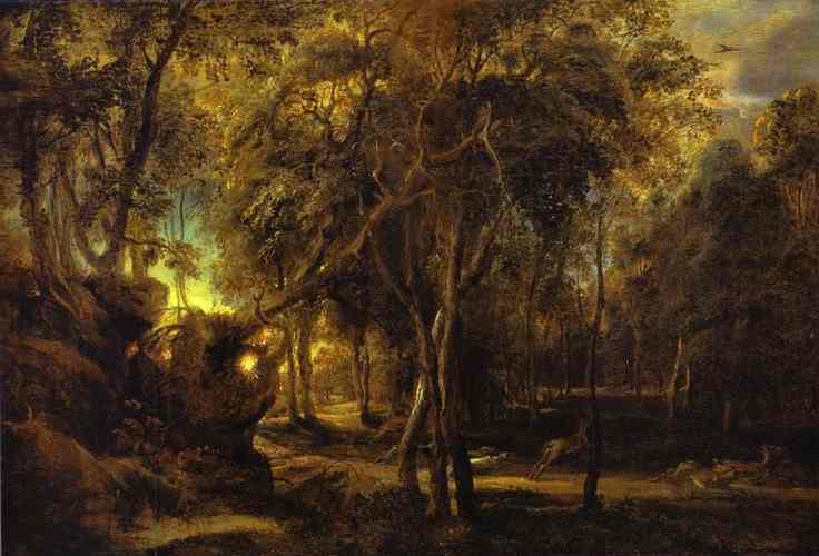A Forest at Dawn with a Deer Hunt