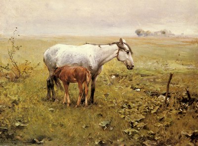 A Mare And Her Foal In A Landscape