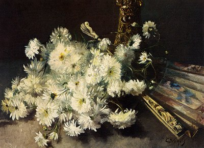 A Still Life With Chrysanthemums And A Fan