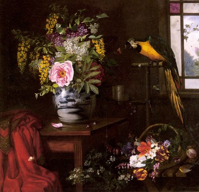 A Still Life With Vase, Basket And Parrot