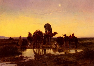 Camel Train By An Oasis At Dawn