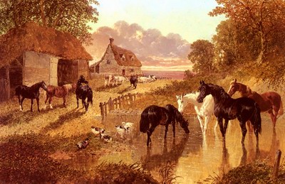 The Evening Hour, horses and cattle by a stream at sunset