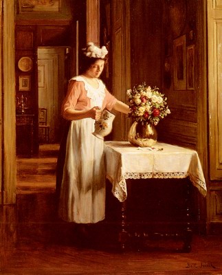 A Maid Watering Flowers